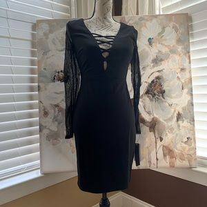 NWT Sequins Heart Black Formal Dress Deep Strappy V-neck Sheer Sleeves Black Tie